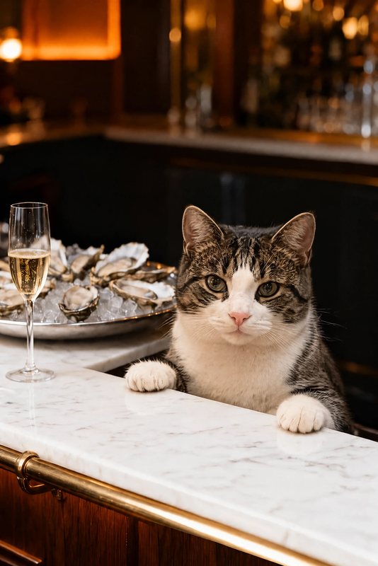 The Oyster Bar look made with a tabby-and-white cat