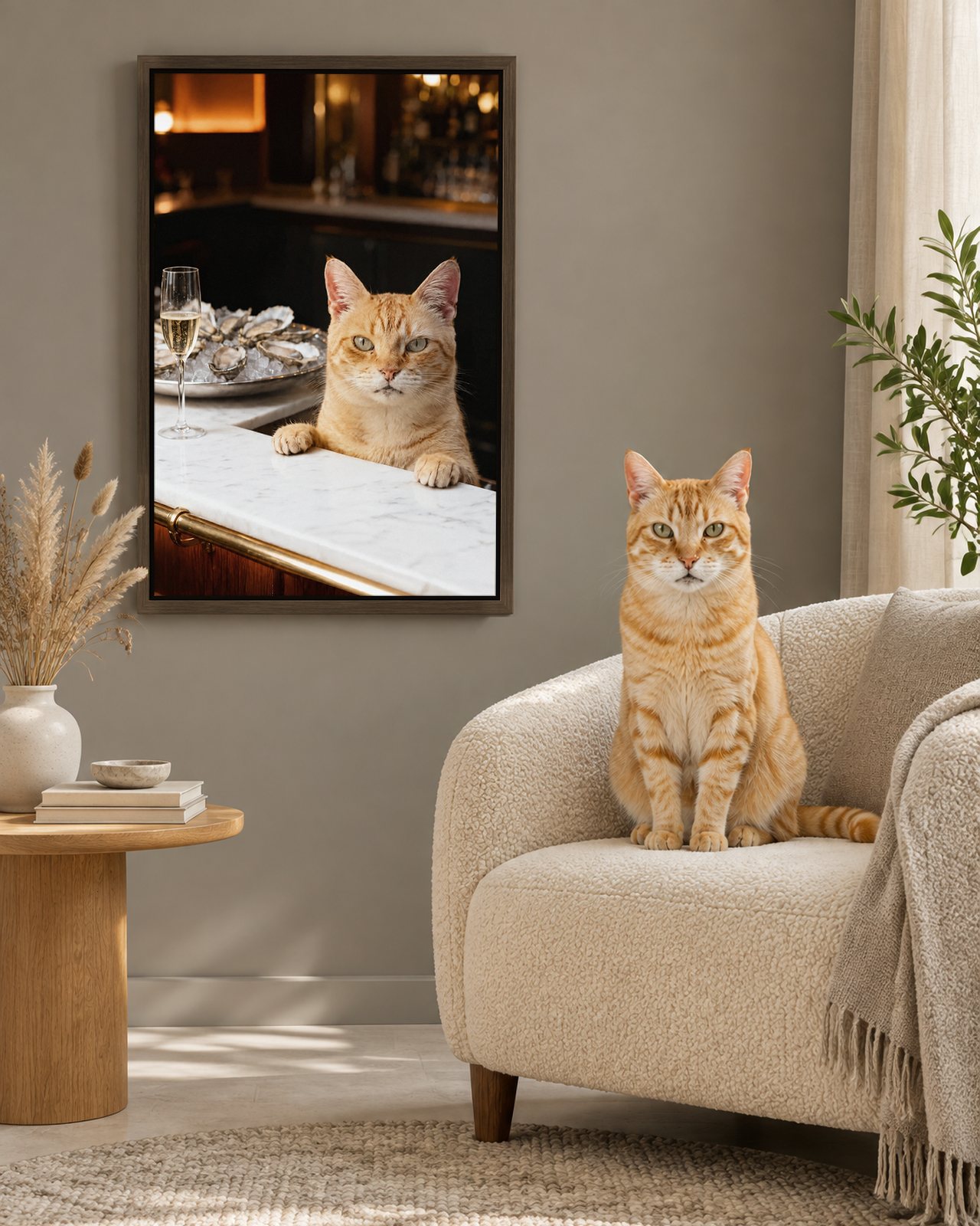 Oyster Bar portrait on canvas in a brown floating frame in a warm-grey living room with a boucle armchair, with the cat beside it