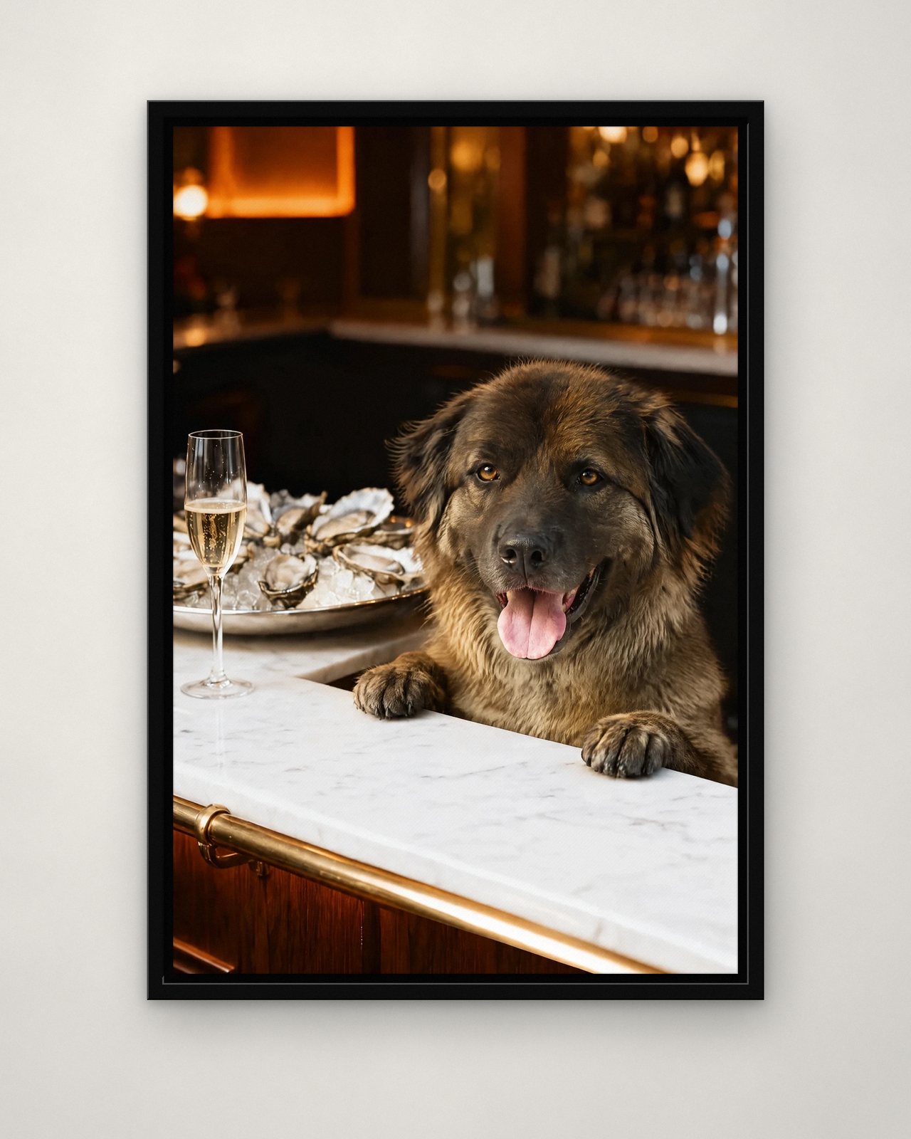 Oyster Bar portrait on canvas in a black floating frame on a plain wall