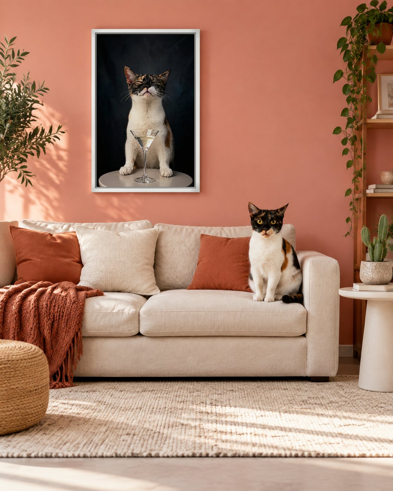 Here's to You portrait on canvas in a white floating frame in a coral-pink living room, with the cat beside it