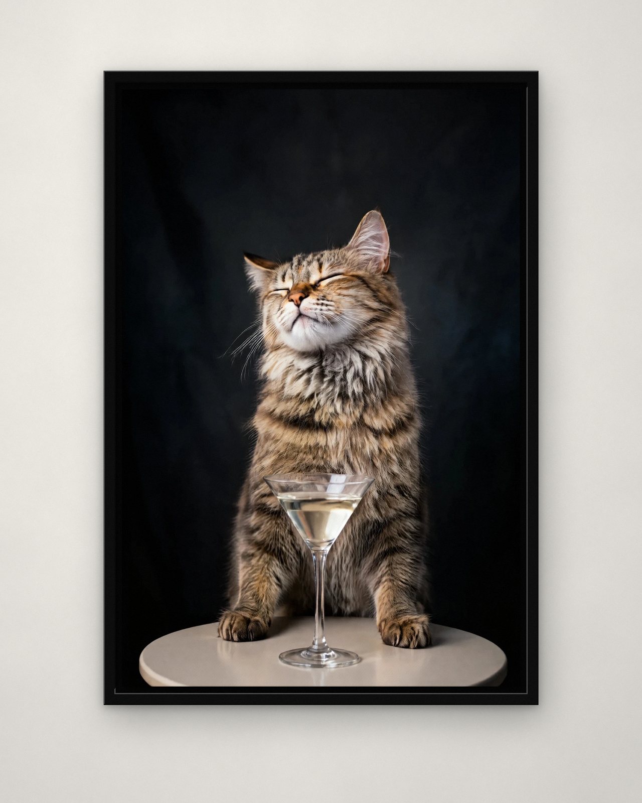 Here's to You portrait on canvas in a black floating frame on a plain wall