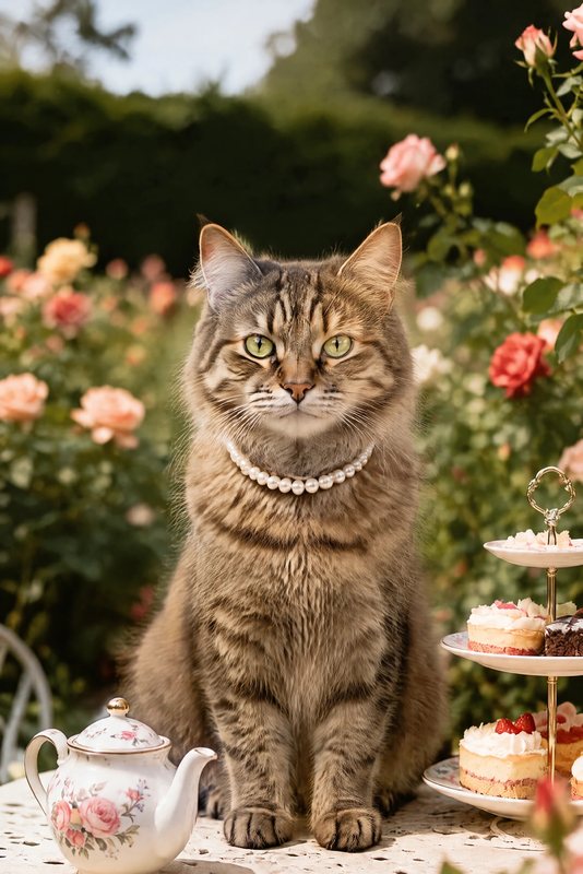 The Rose Garden Tea look made with a long-haired tabby cat
