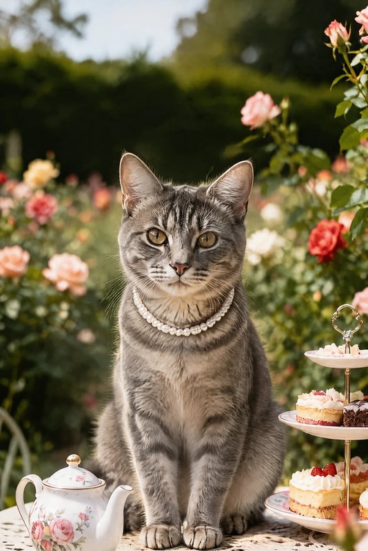 The Rose Garden Tea look made with a grey tabby cat