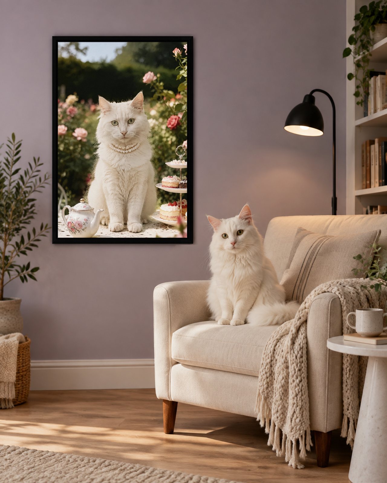 Rose Garden Tea portrait on canvas in a black floating frame in a lavender reading corner, with the cat beside it