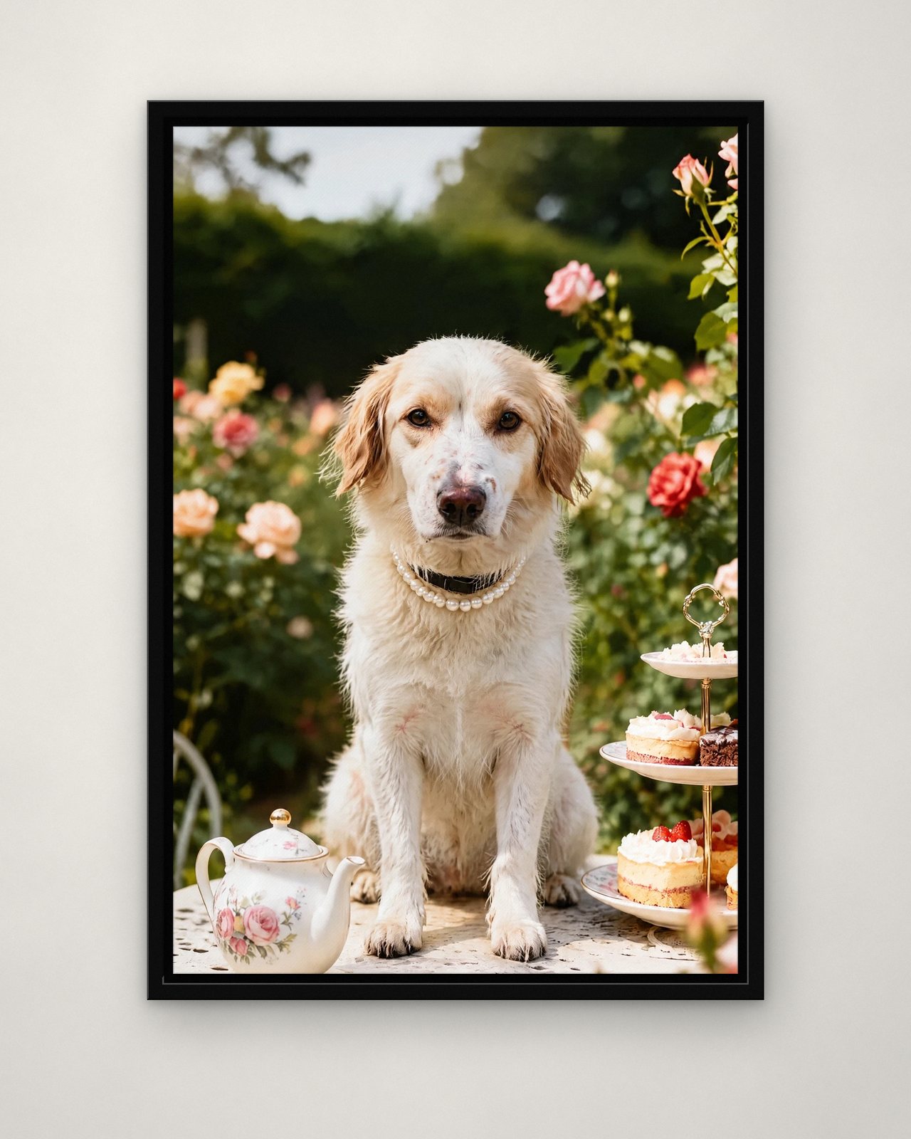 Rose Garden Tea portrait on canvas in a black floating frame on a plain wall