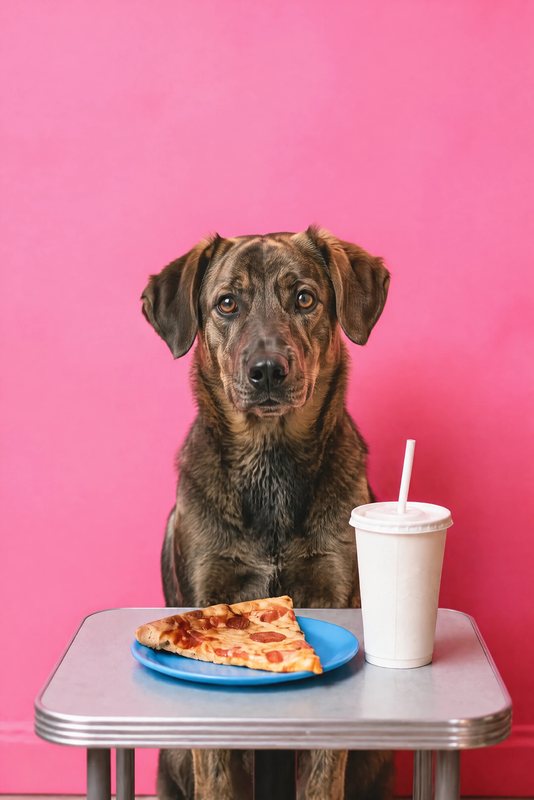 The Pizza Night look made with a brindle mixed-breed dog