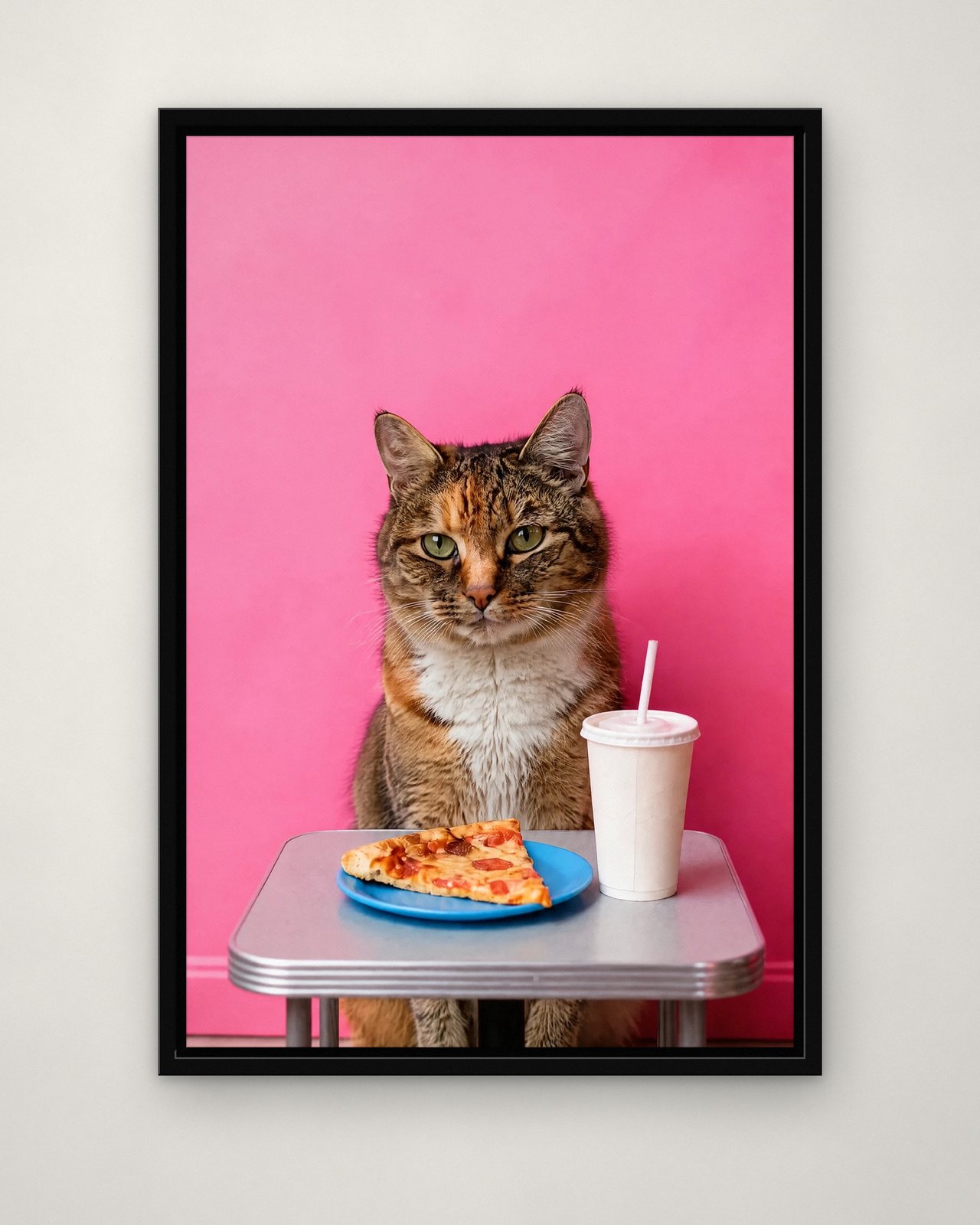Pizza Night portrait on canvas in a black floating frame on a plain wall