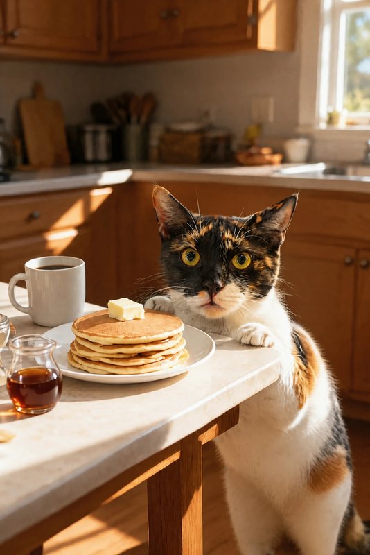 The Pancake Plea look made with a calico cat