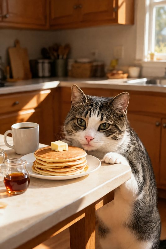 The Pancake Plea look made with a tabby-and-white cat