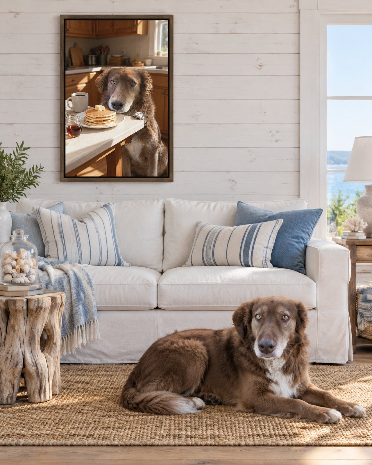 Pancake Plea portrait on canvas in a brown floating frame in a whitewashed beach-house living room, with the dog beside it