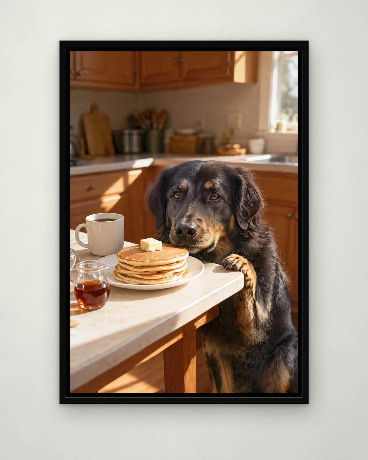 Pancake Plea portrait on canvas in a black floating frame on a plain wall