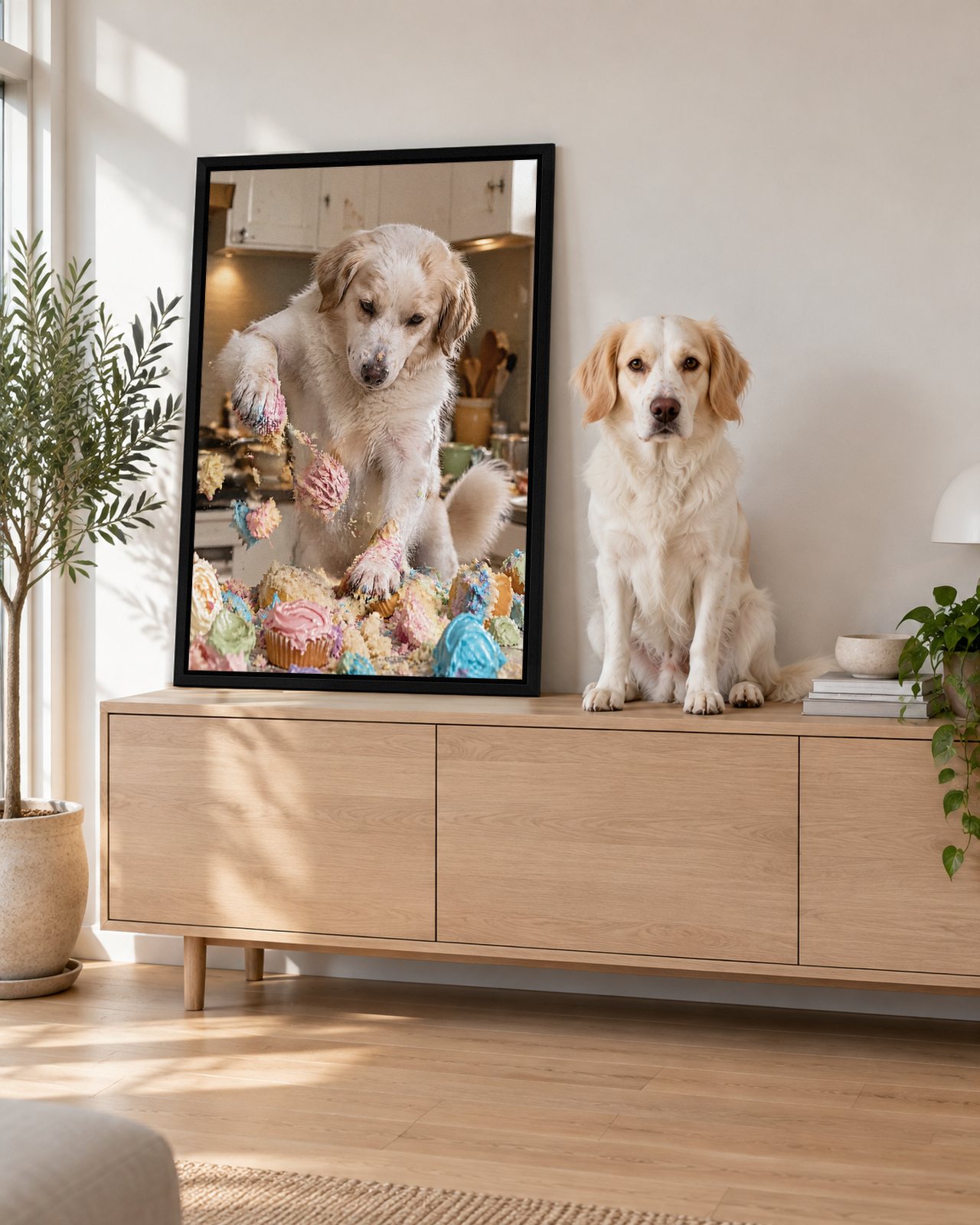 Cupcake Mess portrait on canvas in a black floating frame in a bright modern living room, with the dog beside it