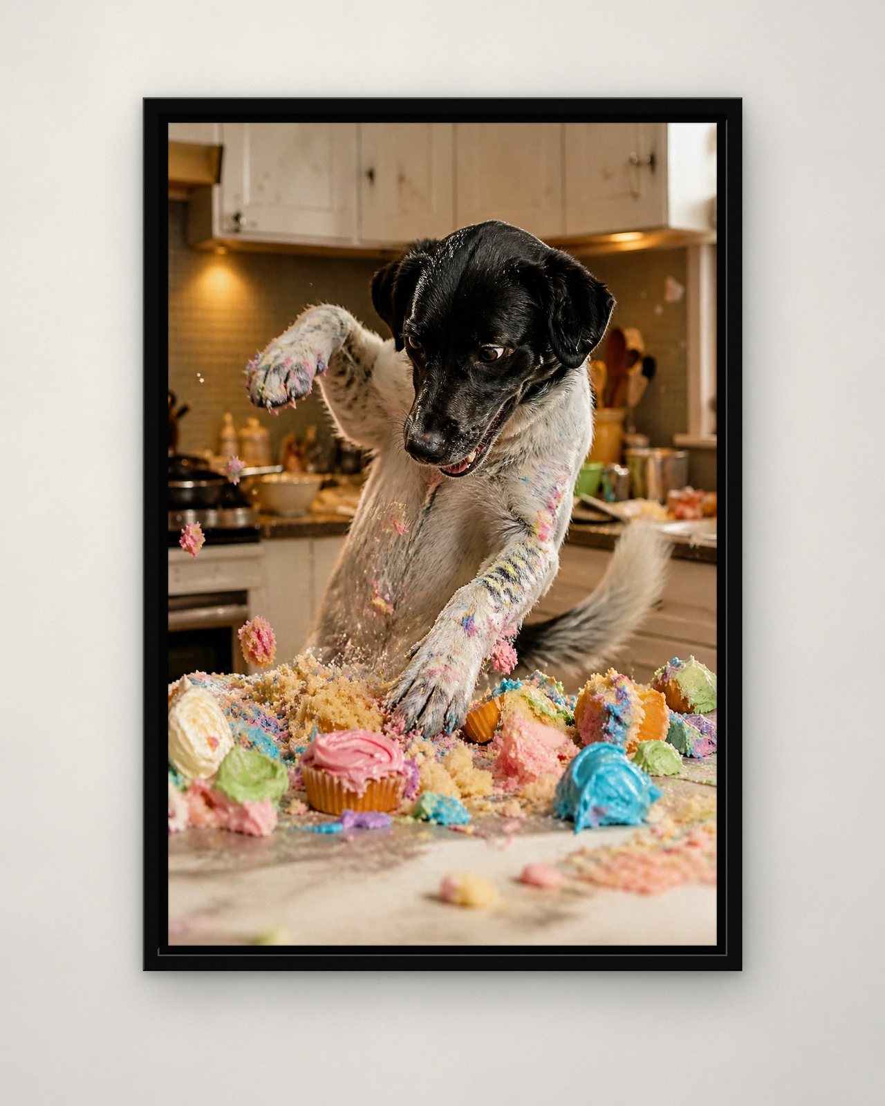 Cupcake Mess portrait on canvas in a black floating frame on a plain wall