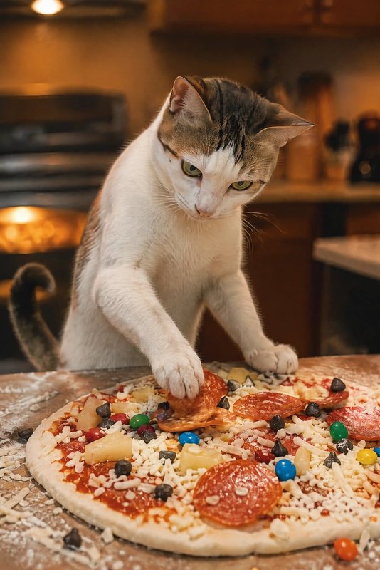 The Pizza Chef look made with a white cat with a tabby cap