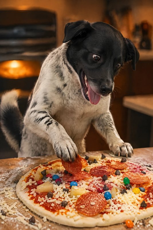 The Pizza Chef look made with a black-and-white speckled dog