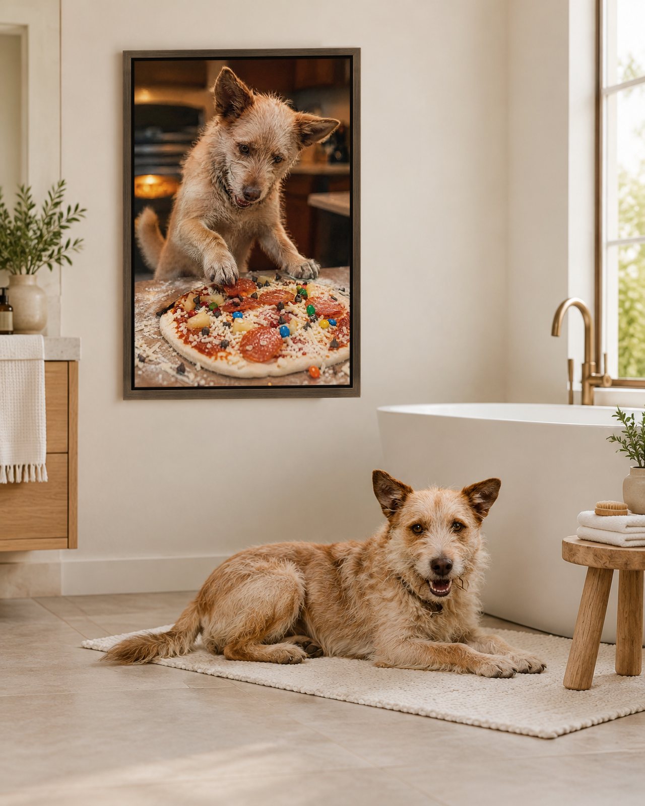 Pizza Chef portrait on canvas in a brown floating frame in a bright bathroom with a freestanding tub, with the dog beside it