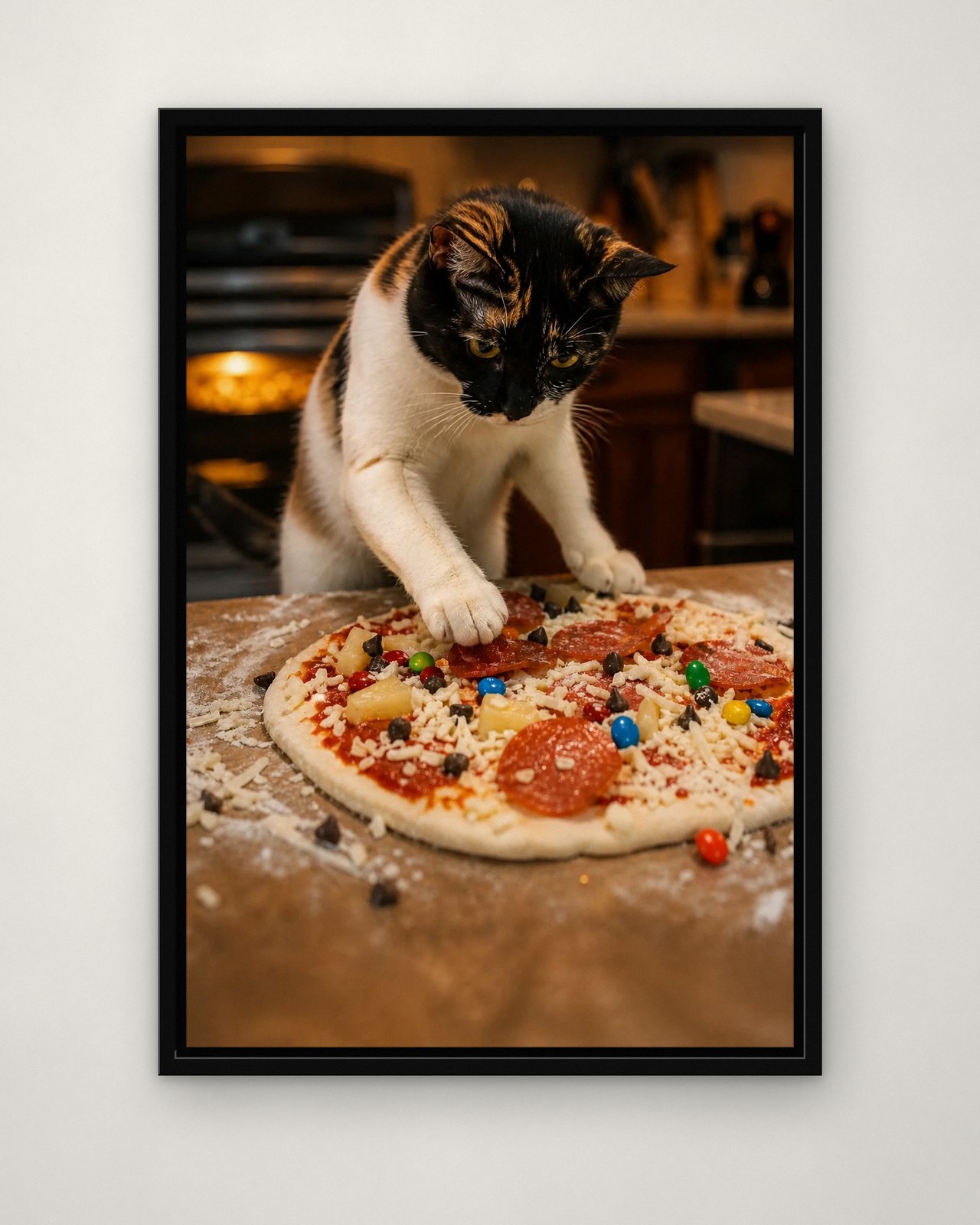 Pizza Chef portrait on canvas in a black floating frame on a plain wall