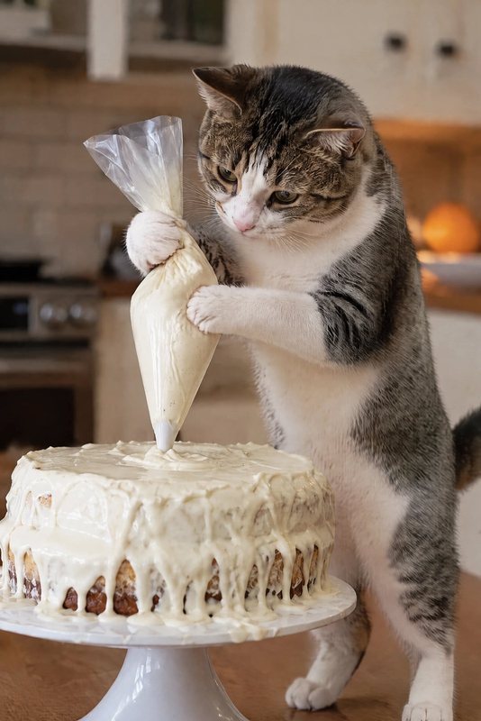 The Cake Decorator look made with a tabby-and-white cat