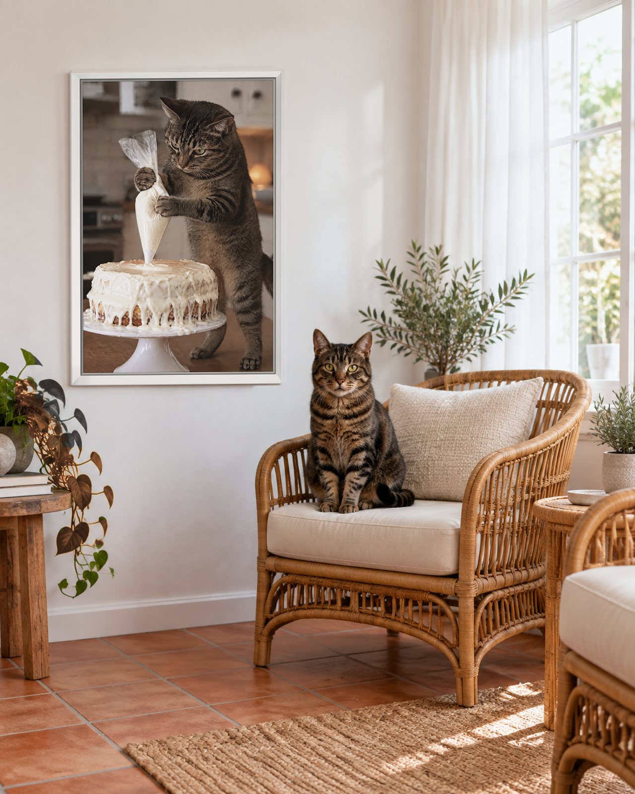 Cake Decorator portrait on canvas in a white floating frame in a sunroom with rattan chairs, with the cat beside it