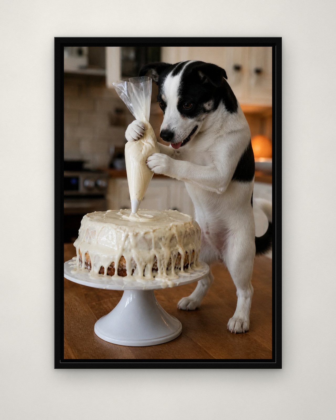 Cake Decorator portrait on canvas in a black floating frame on a plain wall