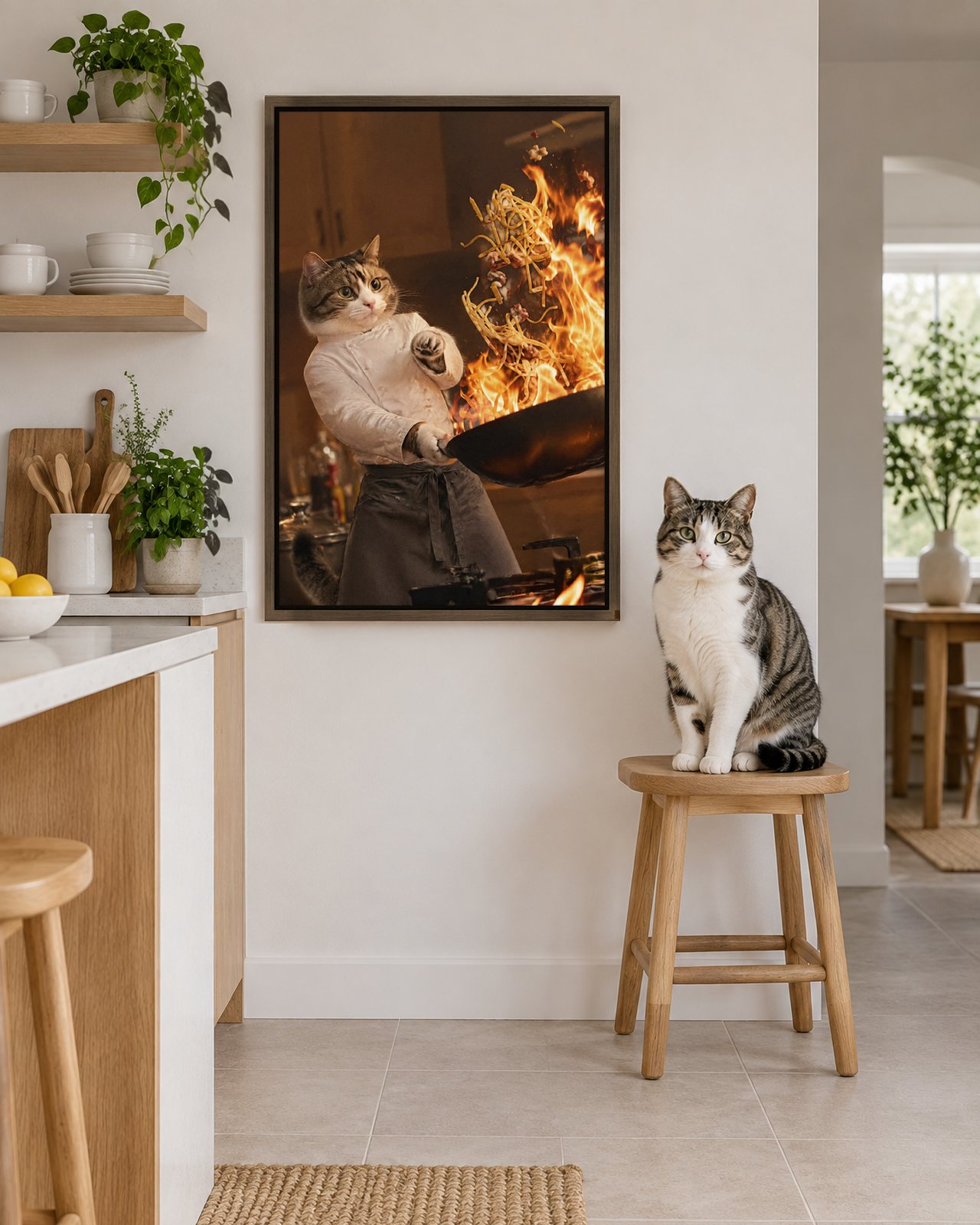 Flambé portrait on canvas in a brown floating frame in a white kitchen with open shelves, with the cat beside it