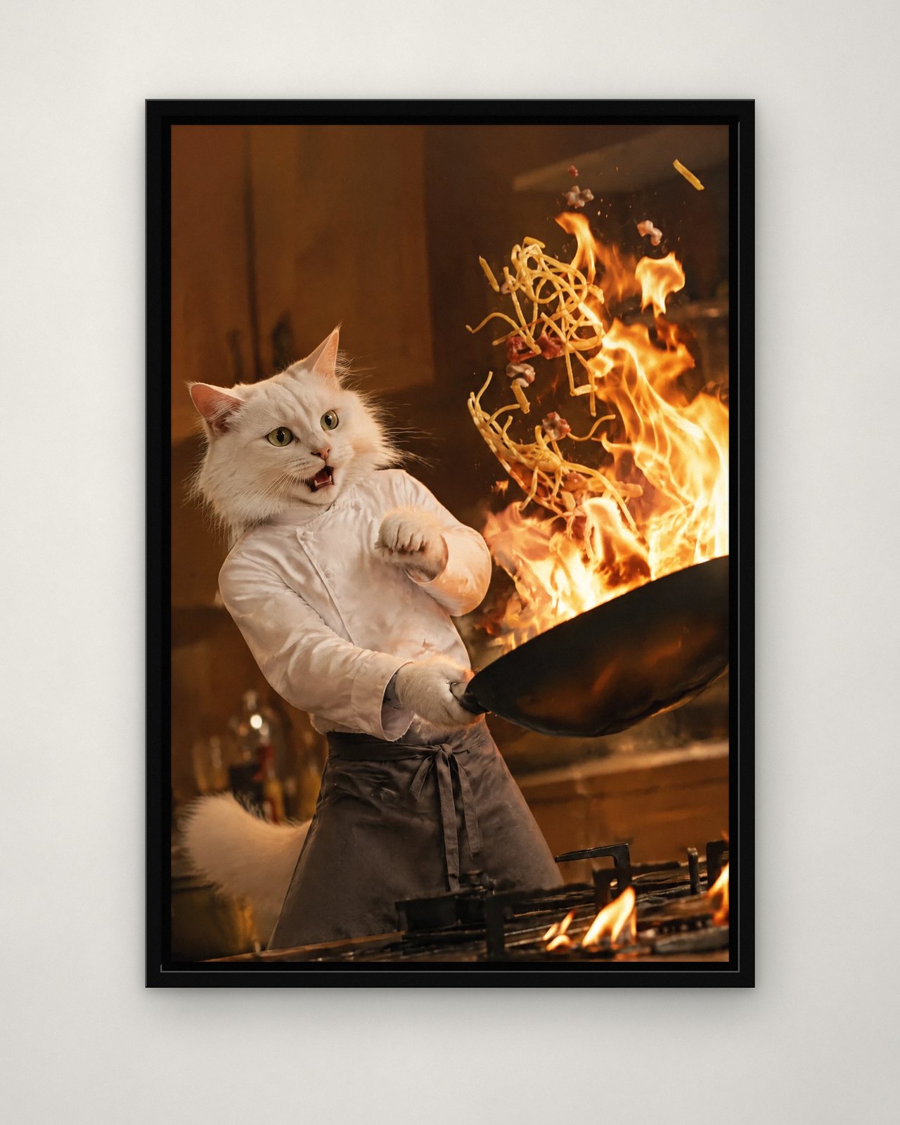 Flambé portrait on canvas in a black floating frame on a plain wall