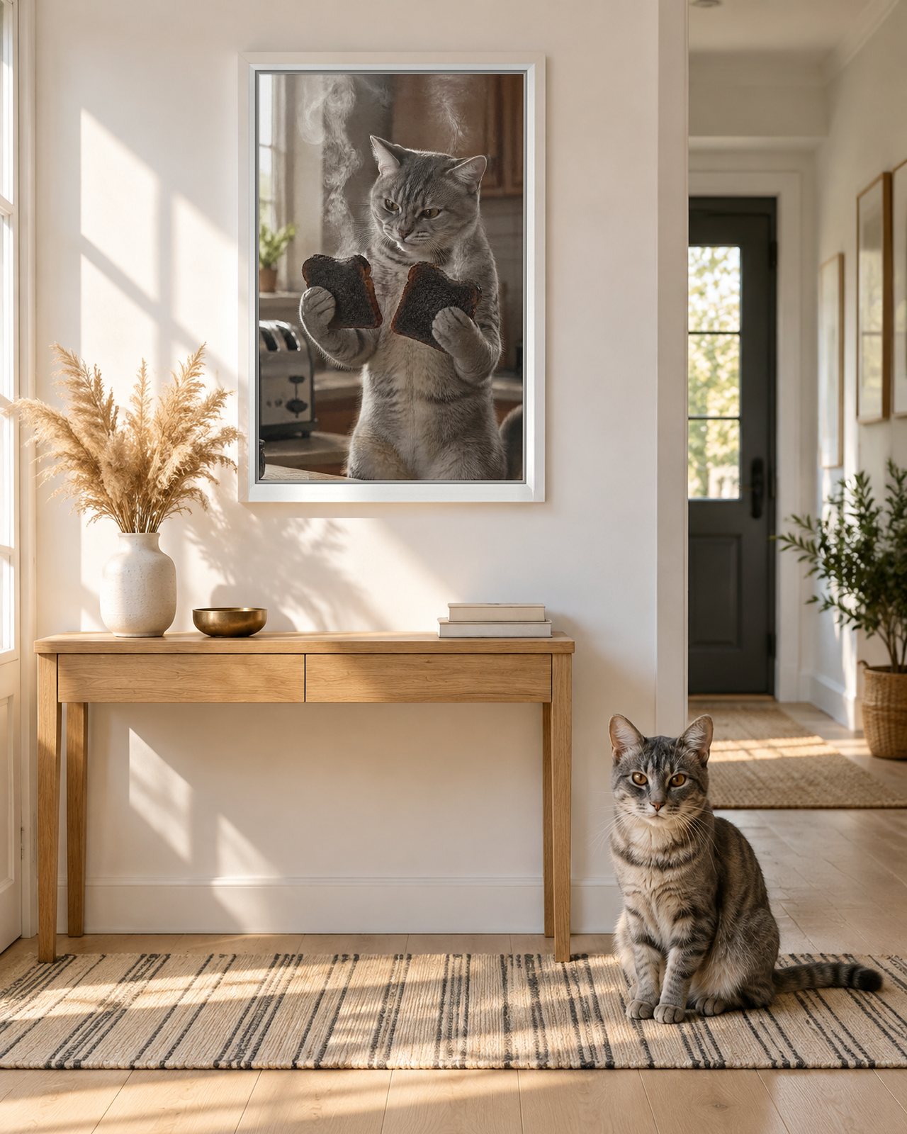 Burnt Toast portrait on canvas in a white floating frame in a sunlit entrance hall, with the cat beside it