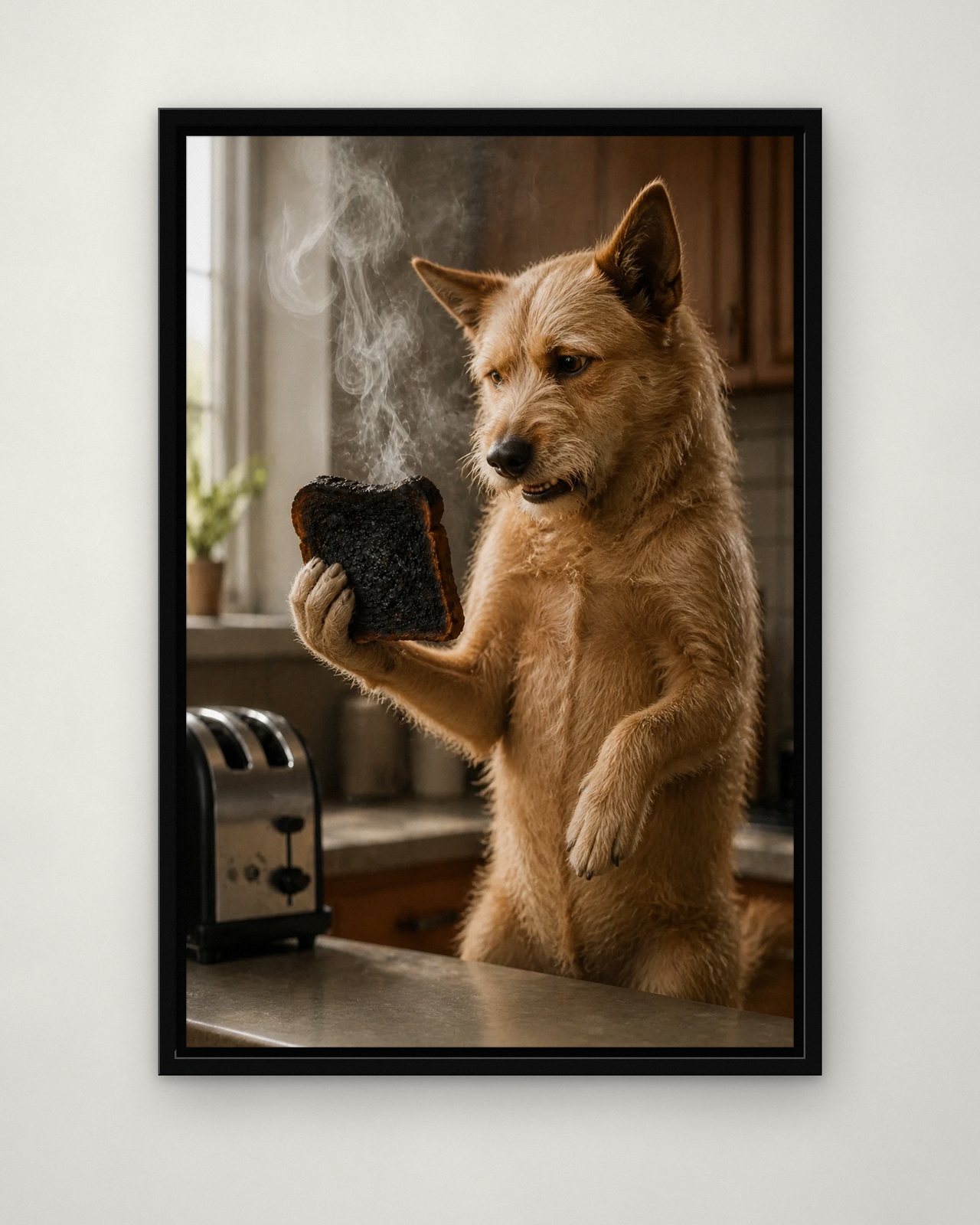 Burnt Toast portrait on canvas in a black floating frame on a plain wall