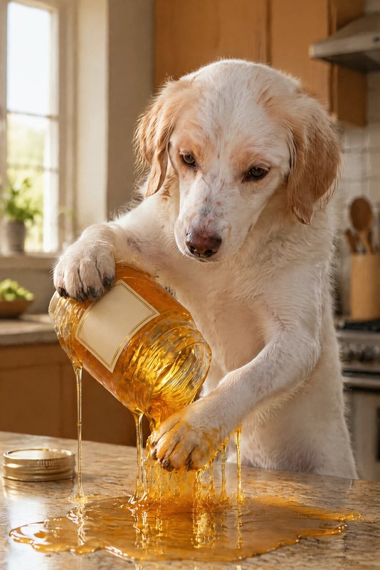 The Honey Spill look made with a white-and-orange spaniel mix
