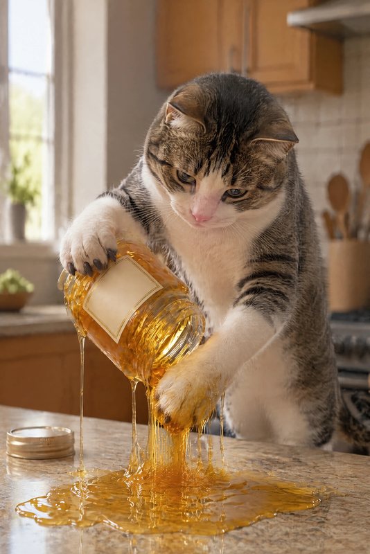 The Honey Spill look made with a tabby-and-white cat