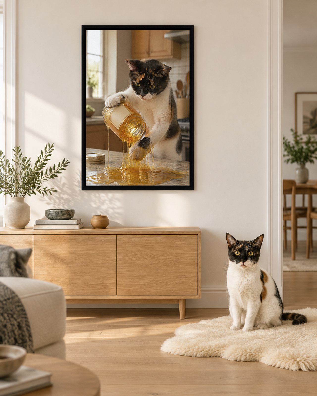 Honey Spill portrait on canvas in a black floating frame in a Scandinavian living room, with the cat beside it