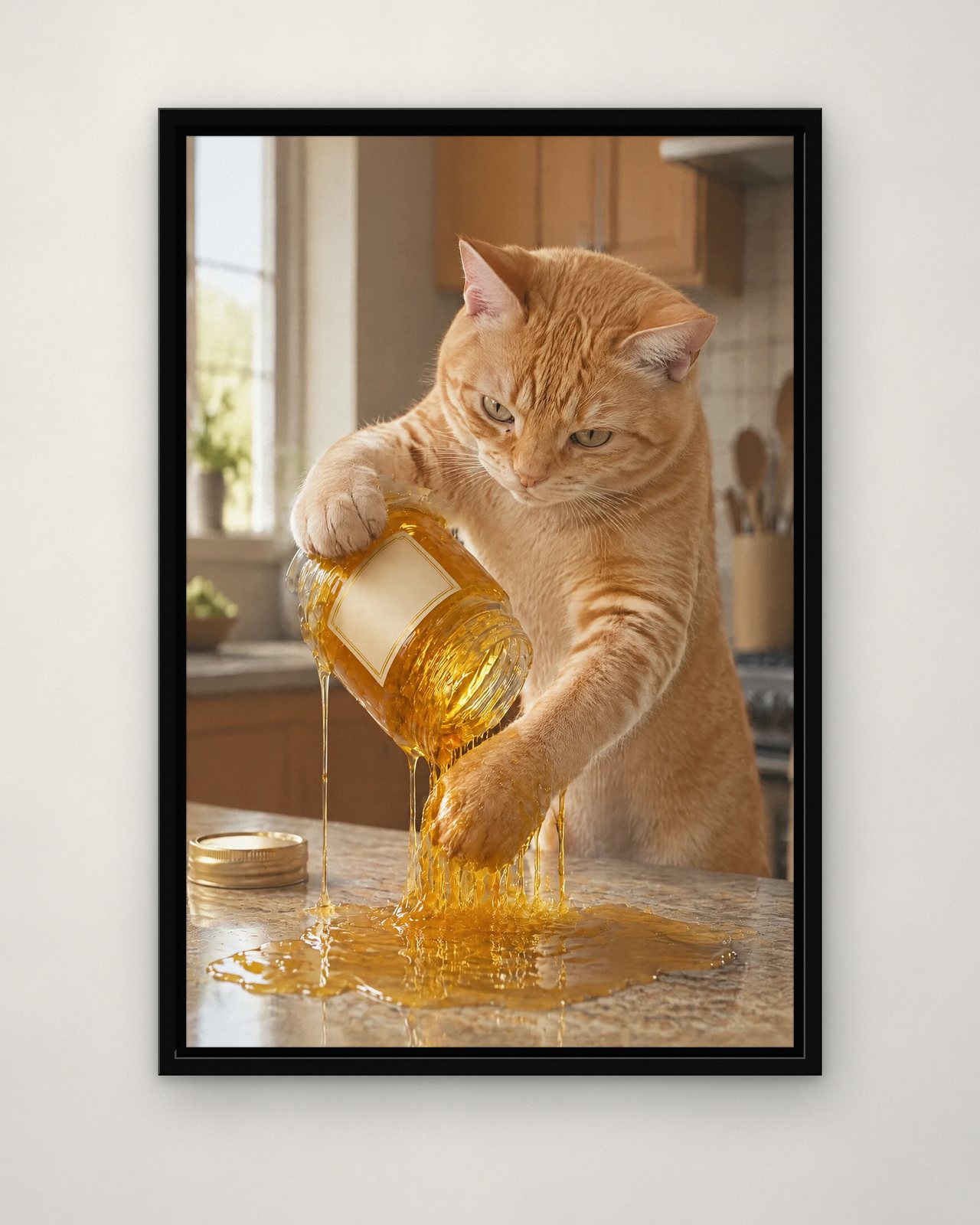 Honey Spill portrait on canvas in a black floating frame on a plain wall