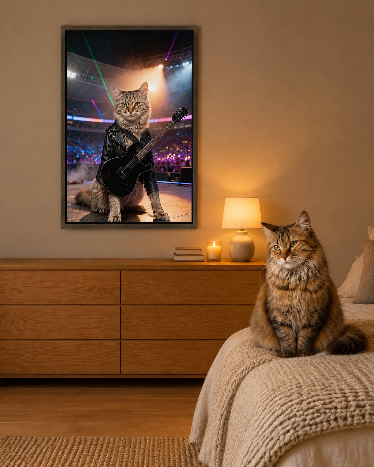 Stadium Encore portrait on canvas in a brown floating frame in a cosy bedroom, with the cat beside it