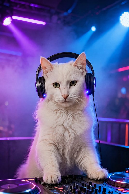 The Behind the Decks look made with a fluffy white cat