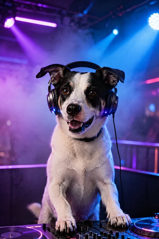 The Behind the Decks look made with a black-and-white dog