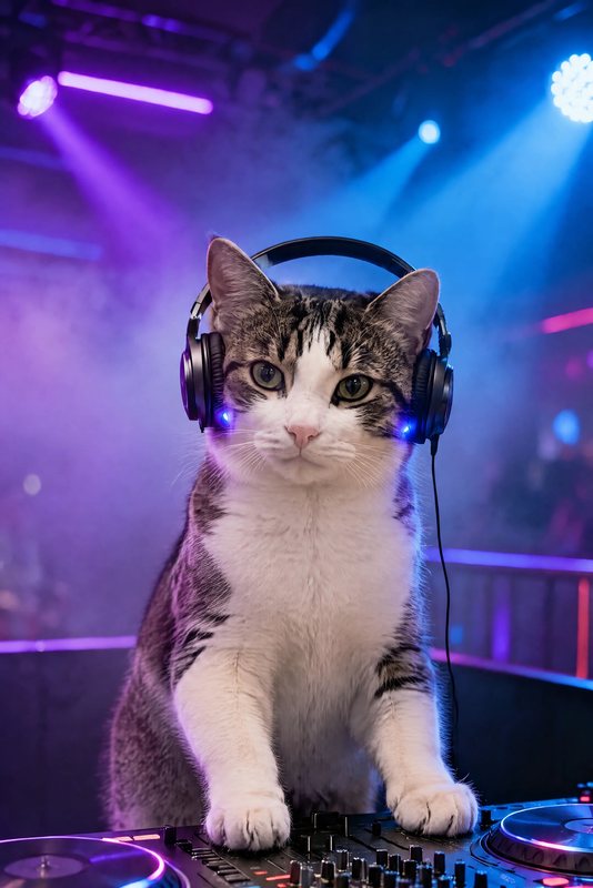 The Behind the Decks look made with a tabby-and-white cat