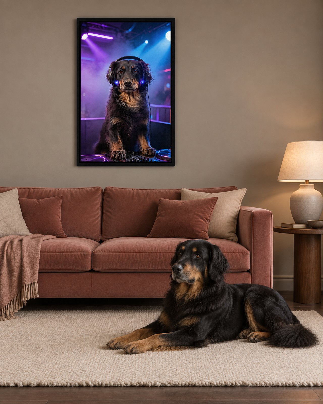 Behind the Decks portrait on canvas in a black floating frame in a mushroom-grey snug with a velvet sofa, with the dog beside it