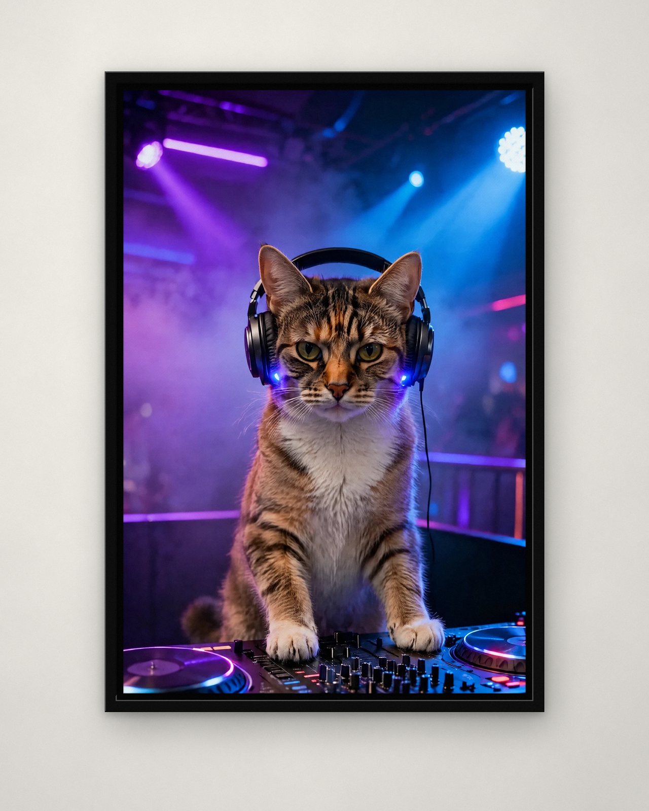 Behind the Decks portrait on canvas in a black floating frame on a plain wall