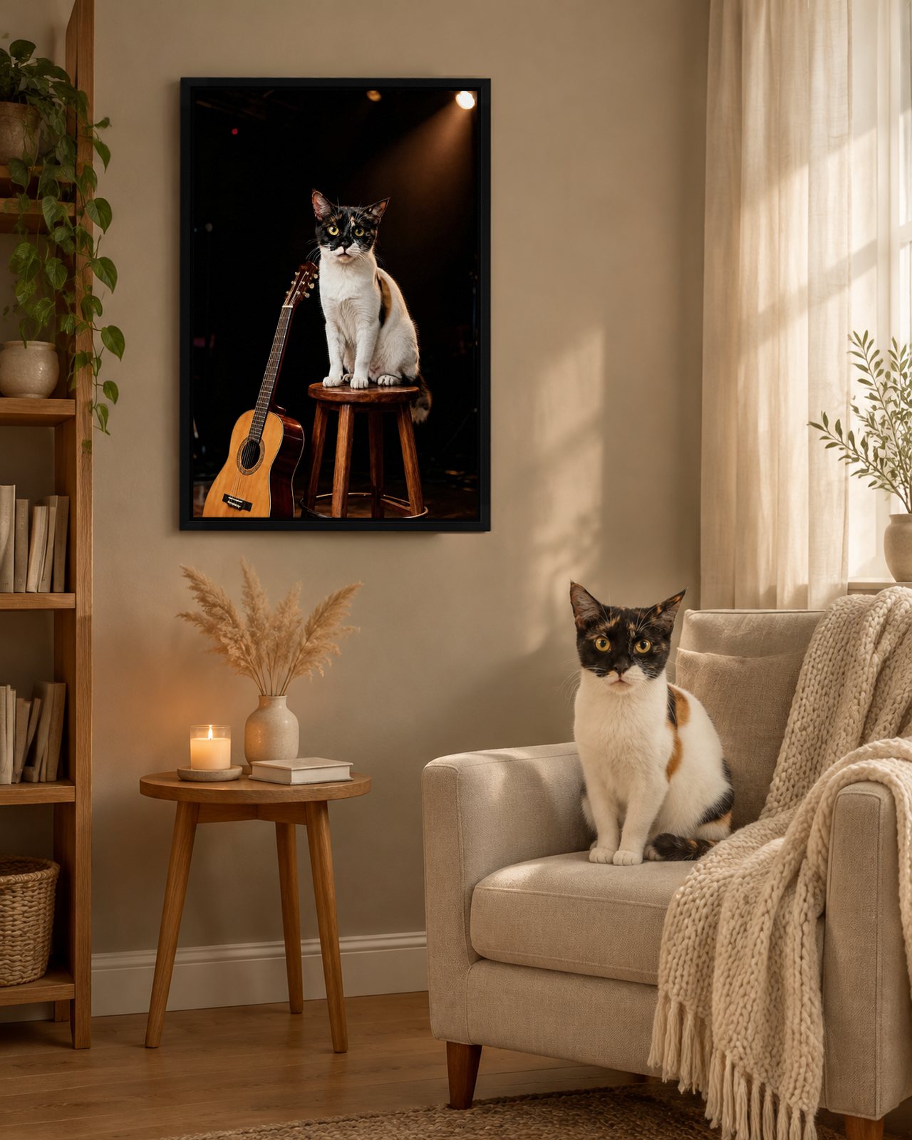 Unplugged portrait on canvas in a black floating frame in a quiet reading corner, with the cat beside it