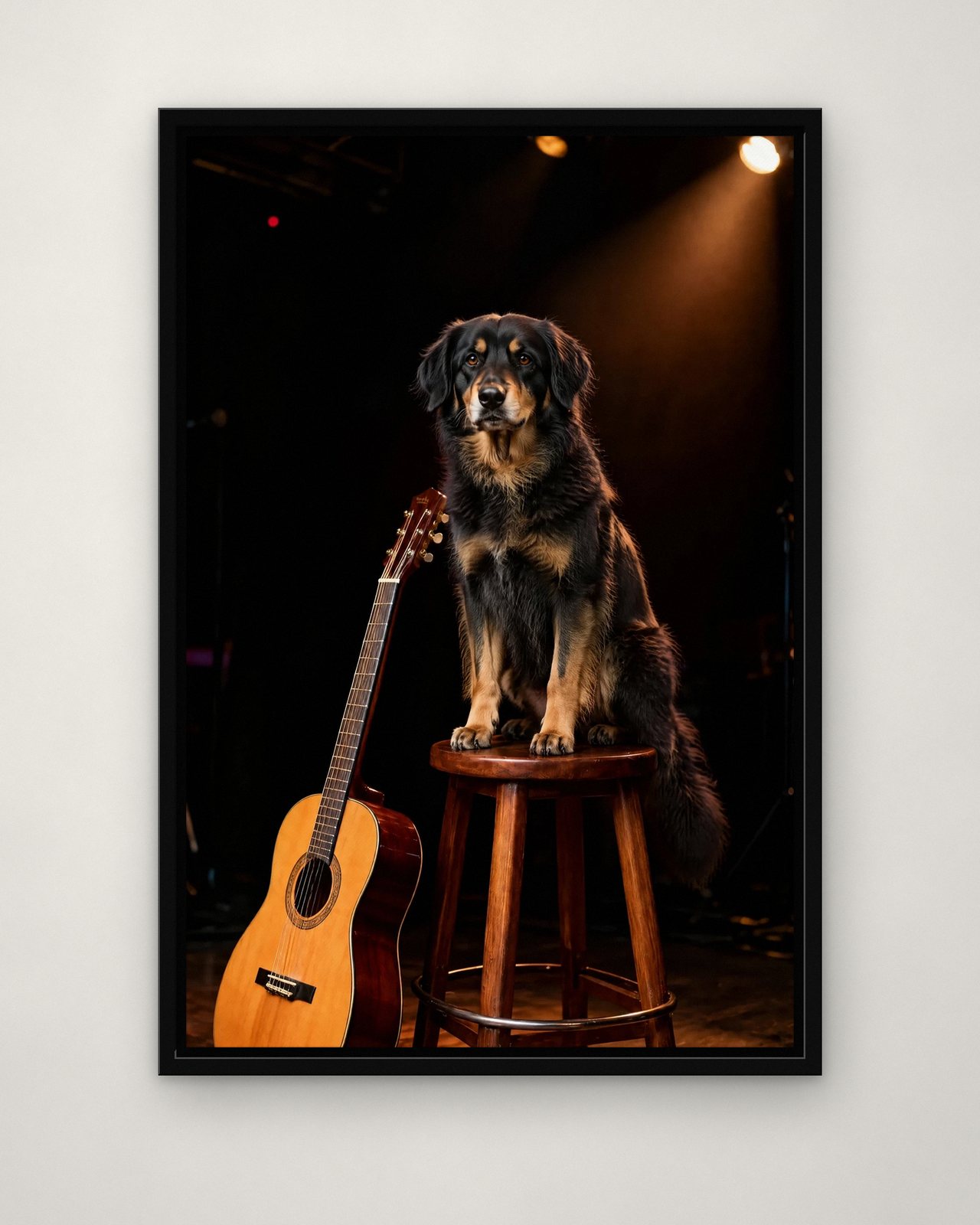 Unplugged portrait on canvas in a black floating frame on a plain wall