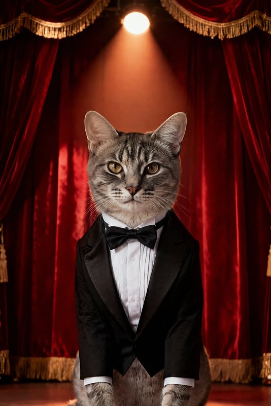 The Opening Night look made with a grey tabby cat