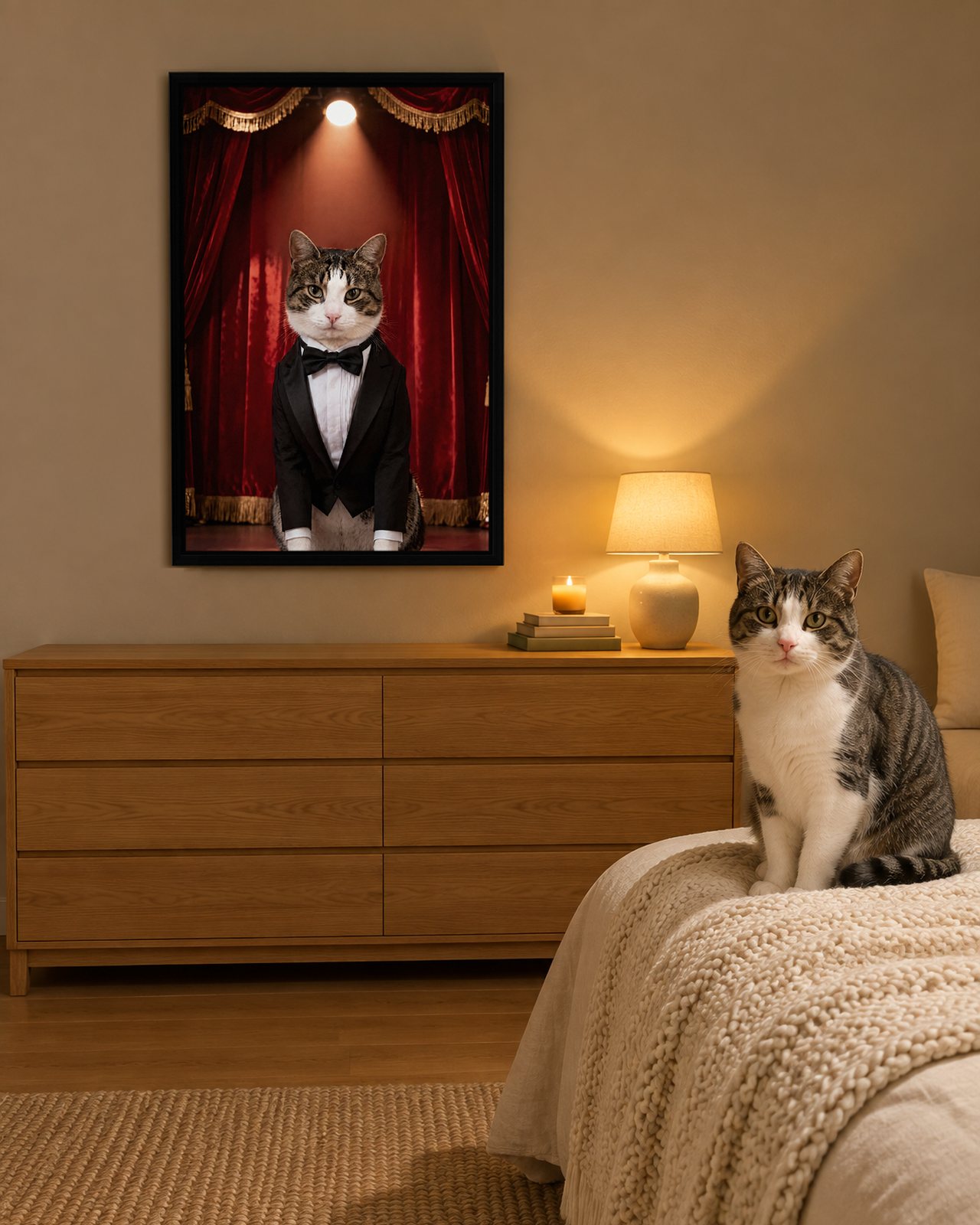 Opening Night portrait on canvas in a black floating frame in a cosy bedroom, with the cat beside it