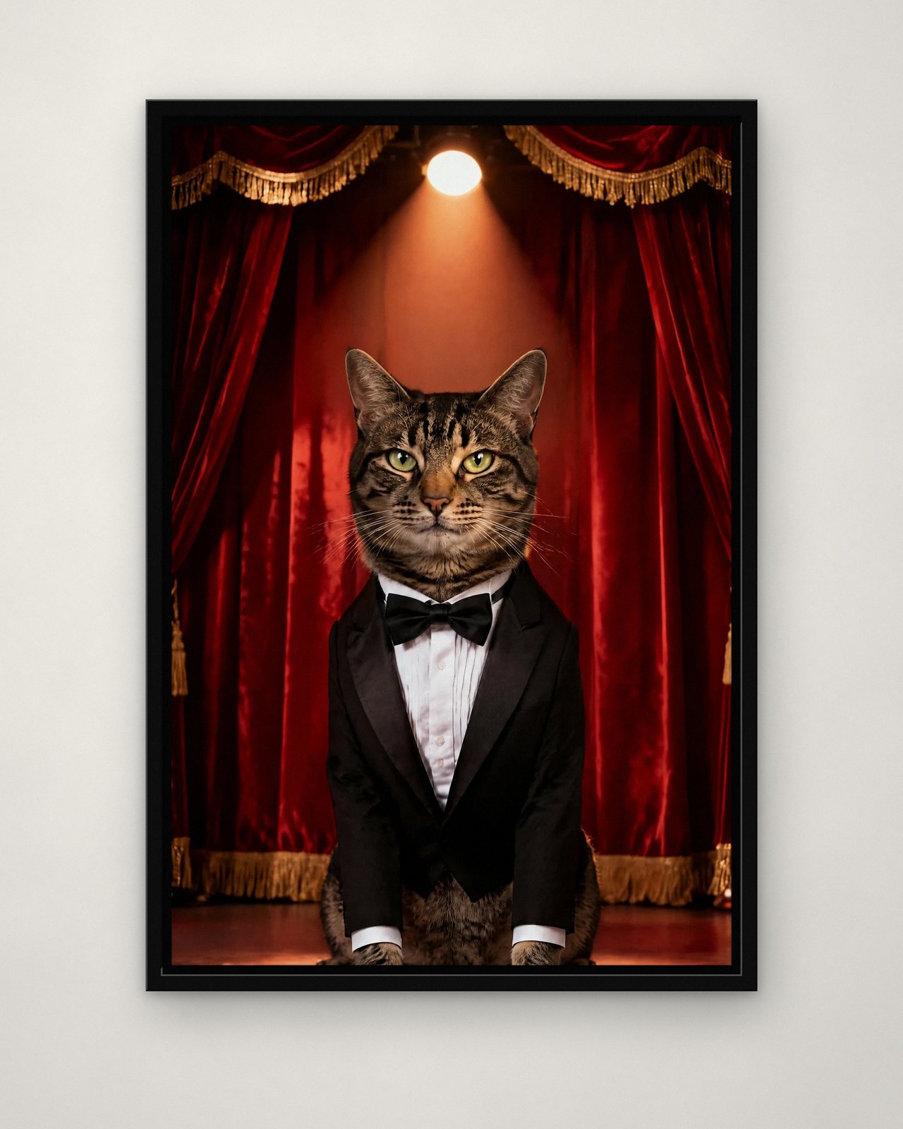 Opening Night portrait on canvas in a black floating frame on a plain wall