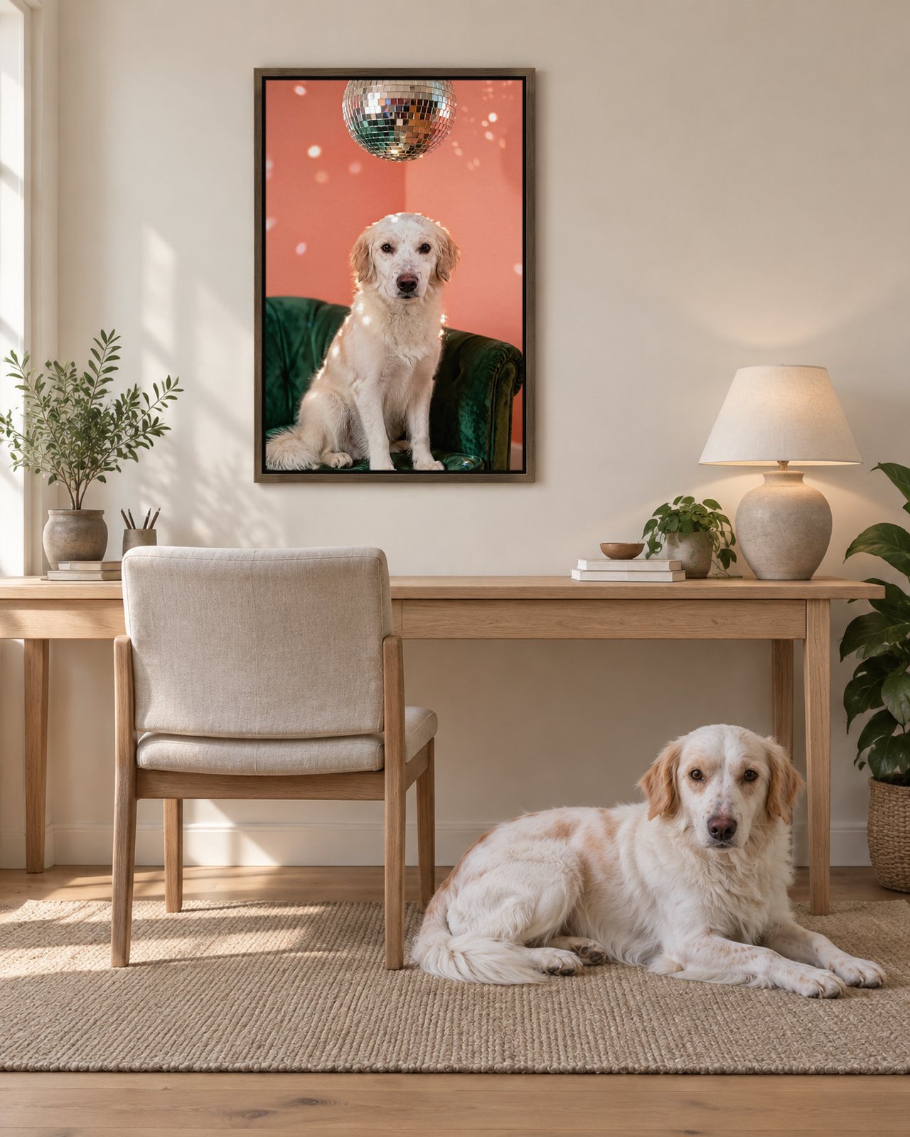 Disco Lounge portrait on canvas in a brown floating frame in a soft-white study nook, with the dog beside it
