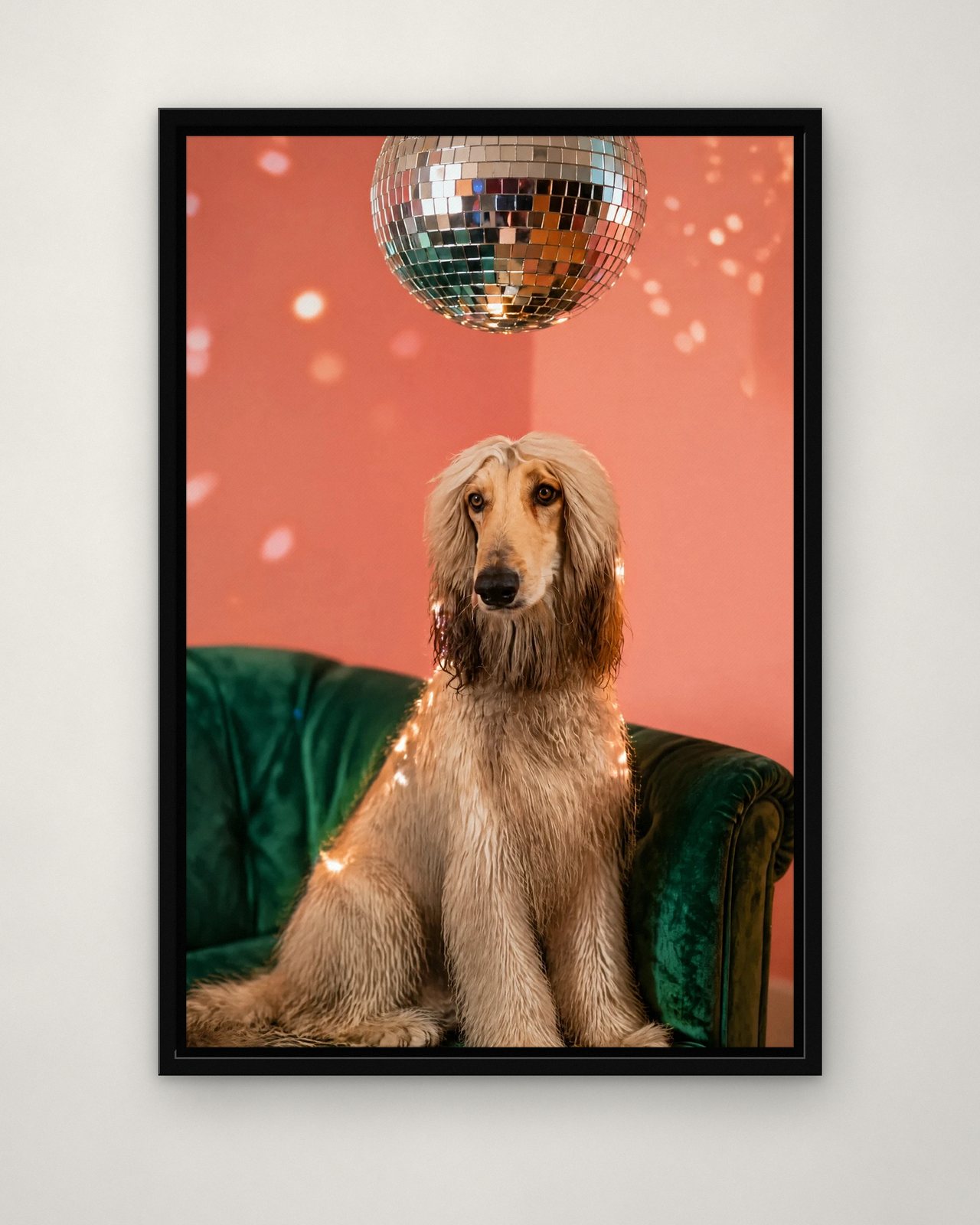 Disco Lounge portrait on canvas in a black floating frame on a plain wall