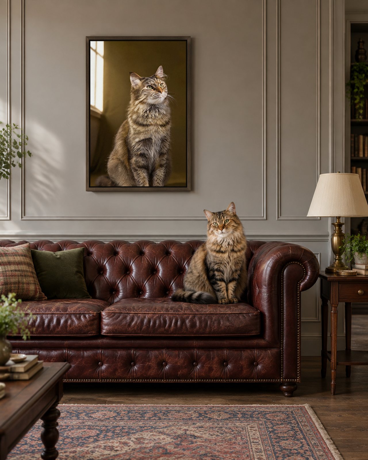 The Distinguished portrait on canvas in a brown floating frame in a stone-grey sitting room with a chesterfield, with the cat beside it