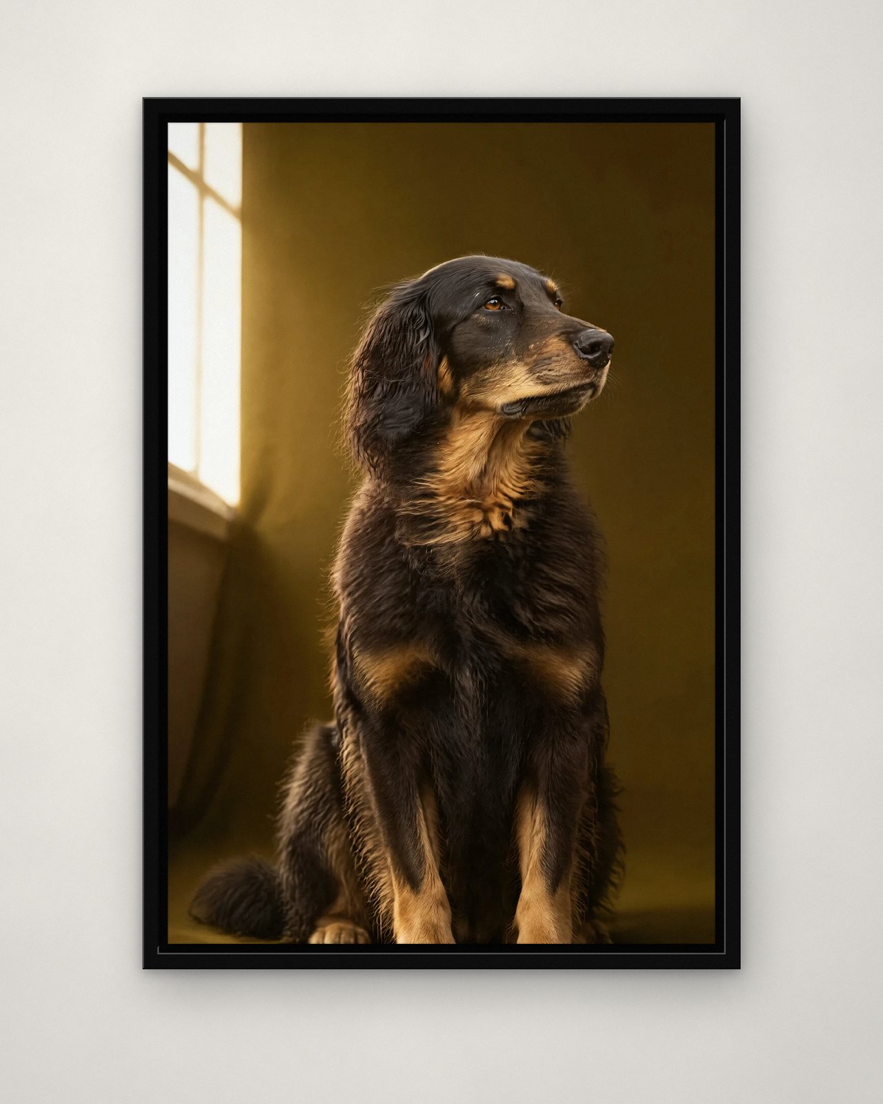 The Distinguished portrait on canvas in a black floating frame on a plain wall