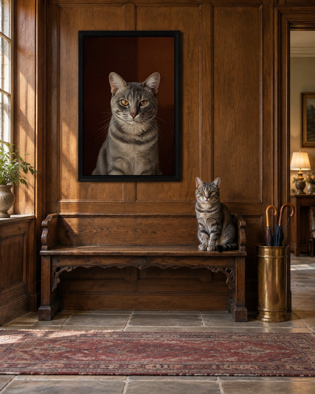 Timeless portrait on canvas in a black floating frame in a walnut-panelled hall, with the cat beside it