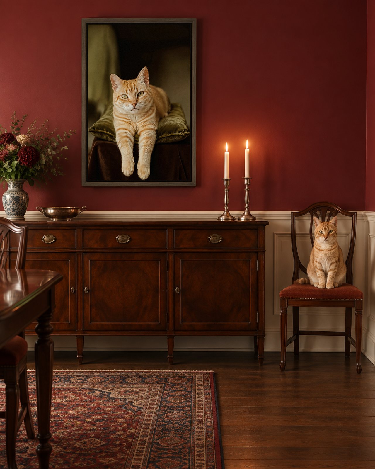 Velvet Cushion portrait on canvas in a brown floating frame in a claret dining room, with the cat beside it