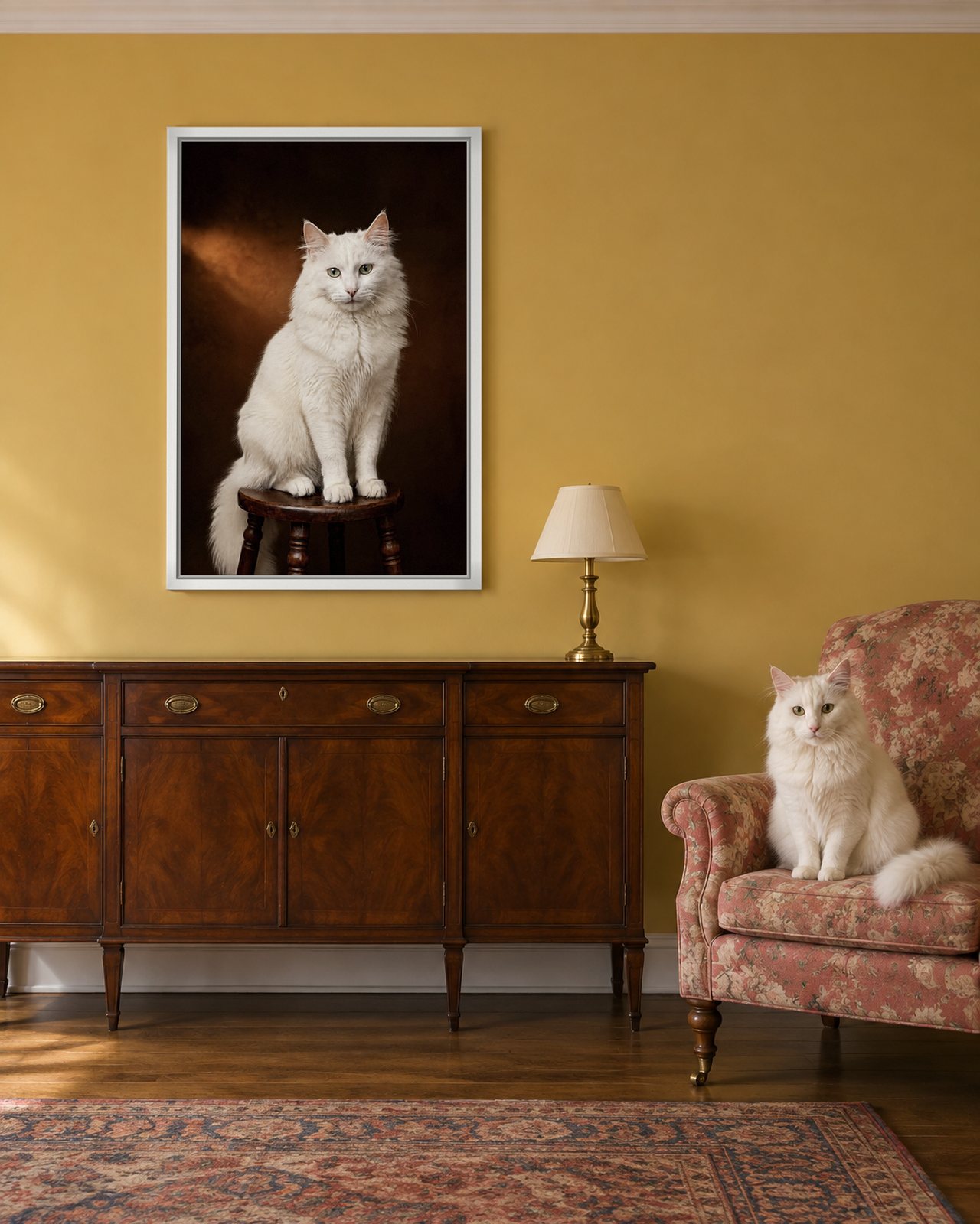 Antique Stool portrait on canvas in a white floating frame in an ochre morning room, with the cat beside it
